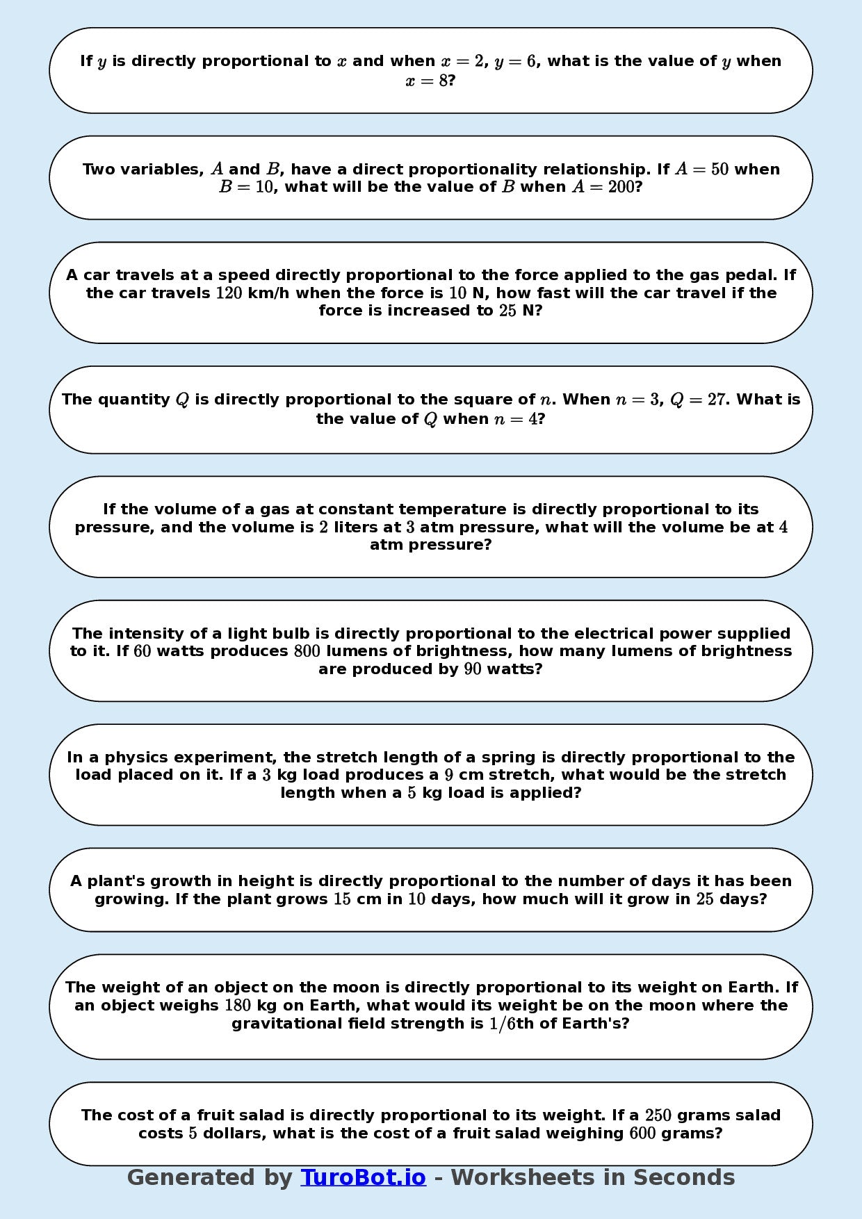 Year 9 Math Worksheet – Direct Proportion Basics