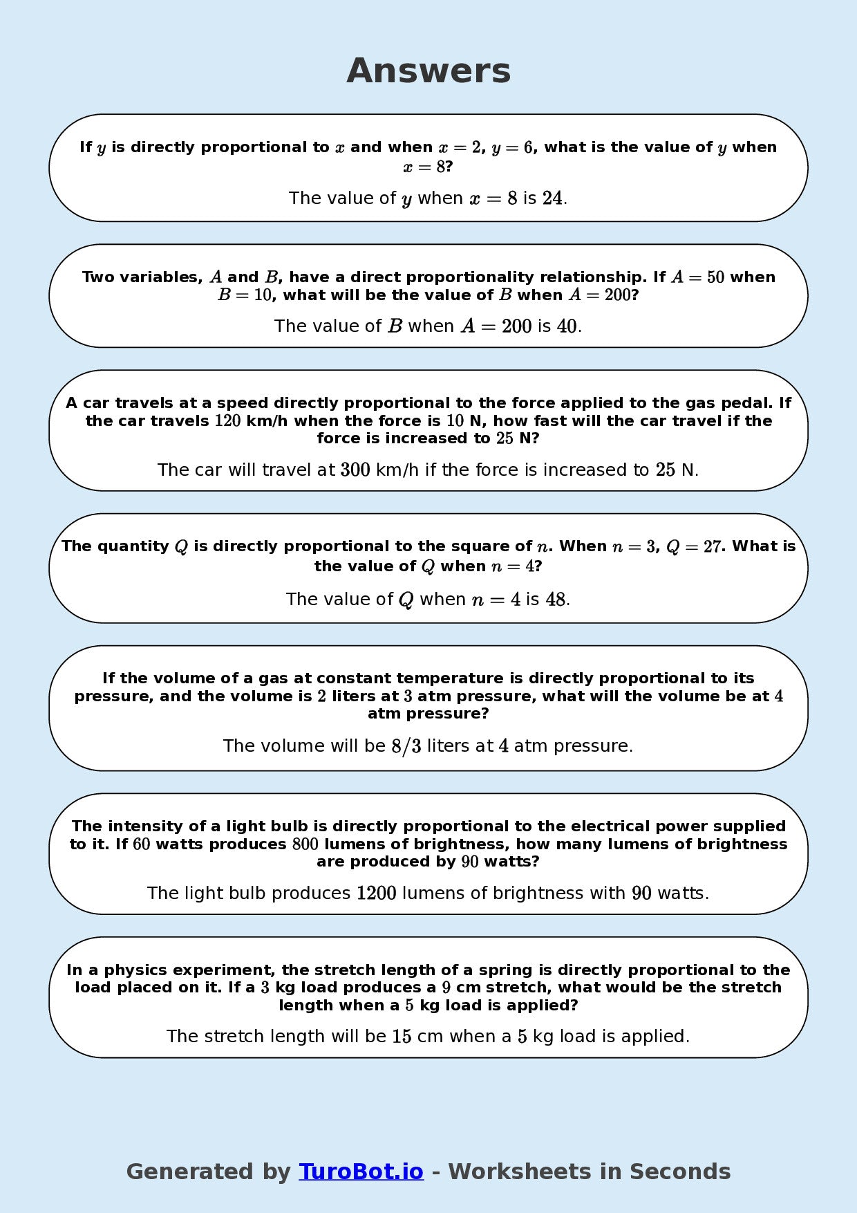 Year 9 Math Worksheet – Direct Proportion Basics