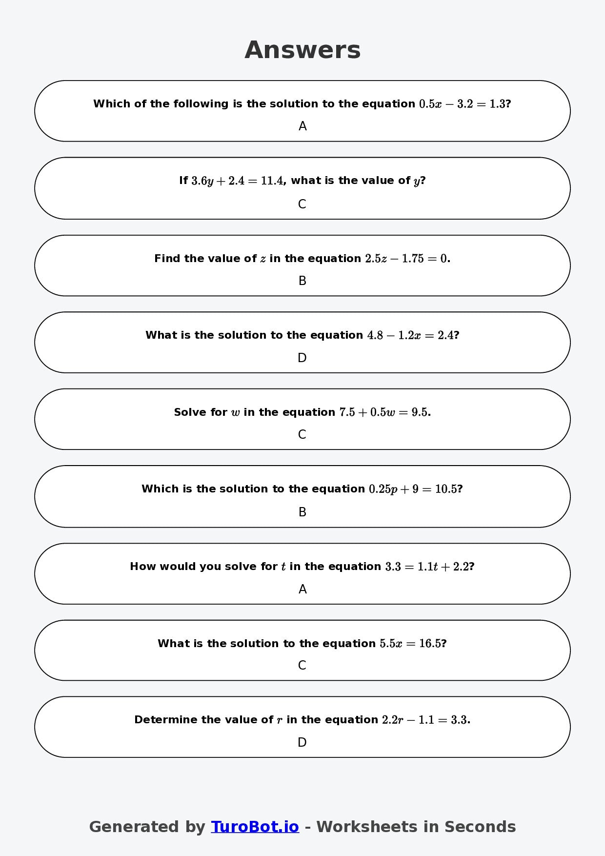 Year 9 Math Worksheet – Equations with Decimals 2