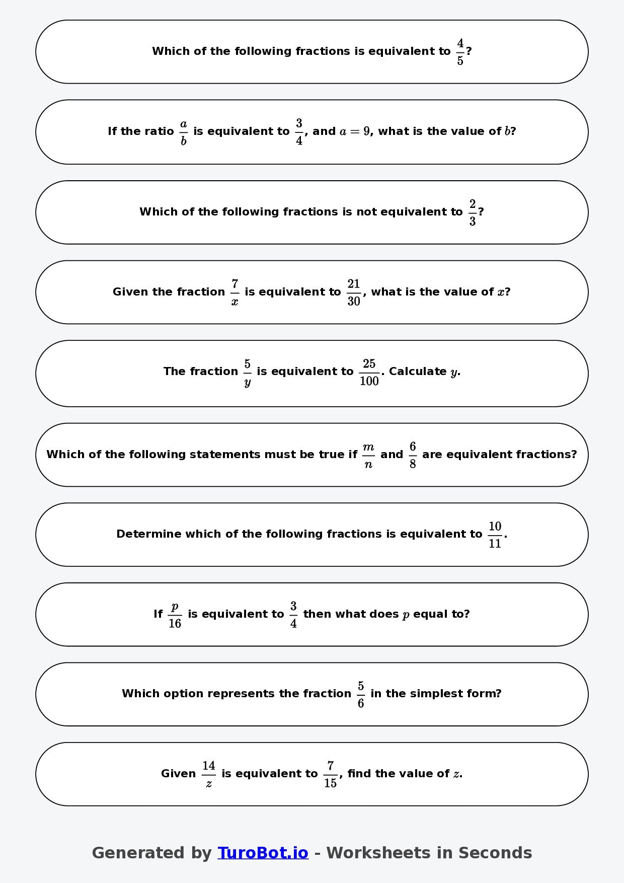 Year 9 Math \Worksheet – Equivalent Fractions