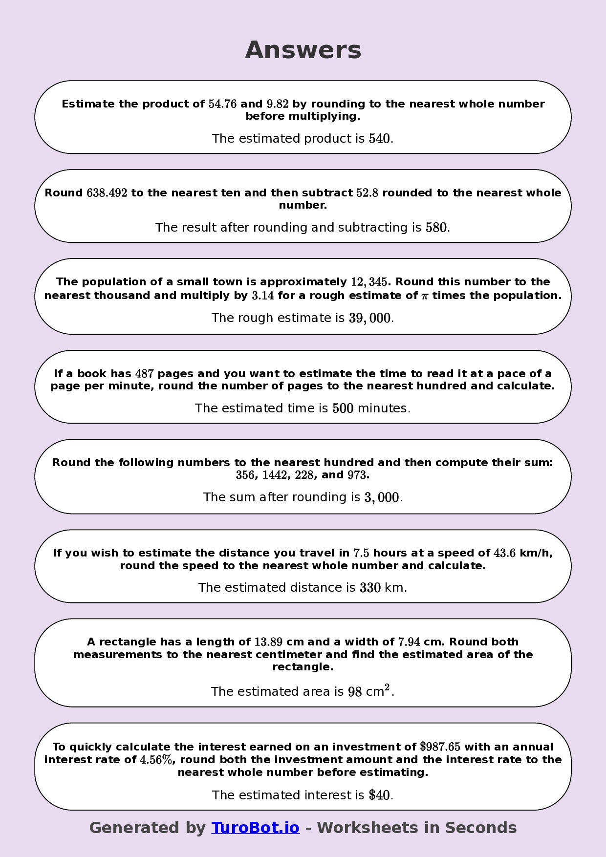 Year 9 Math Worksheet – Estimation and Rounding 2
