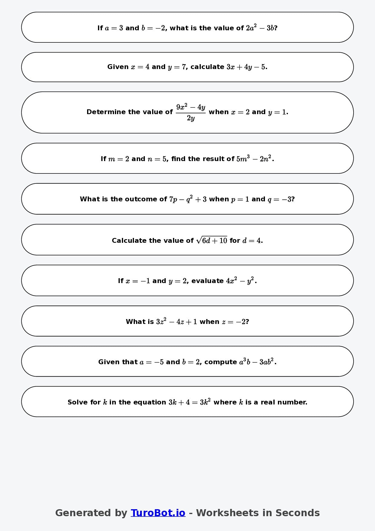 Year 9 Math Worksheet – Evaluating Algebraic Expressions