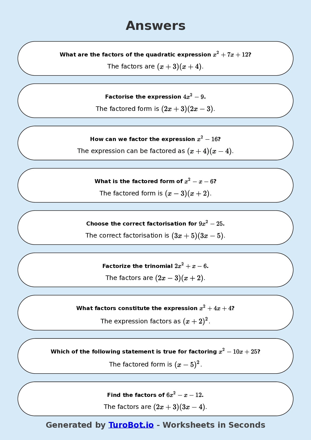 Year 9 Math Multiple Choice Worksheet – Factorising Basic Expressions 2