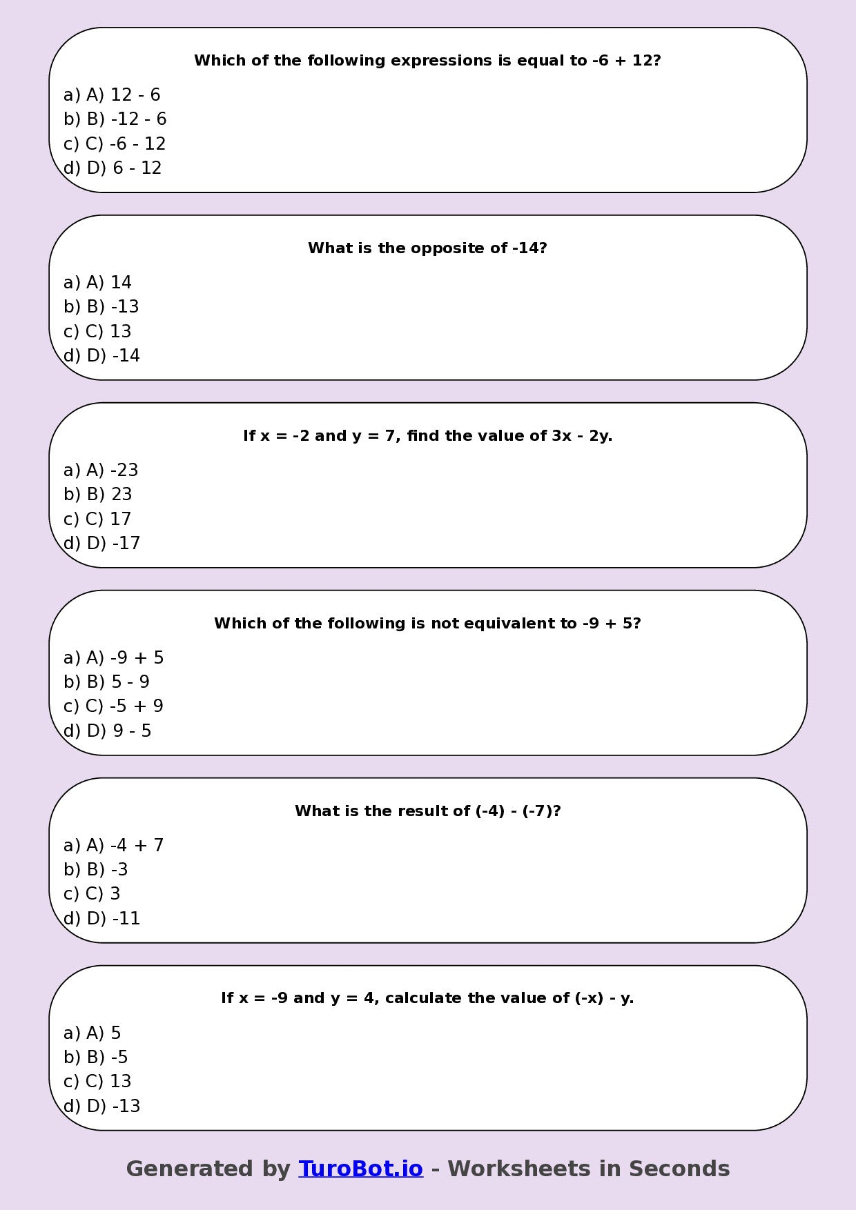 Year 9 Math Multiple Choice Worksheet – Integer Operations Challenge