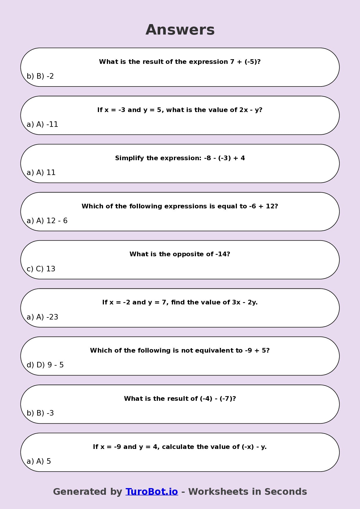 Year 9 Math Multiple Choice Worksheet – Integer Operations Challenge