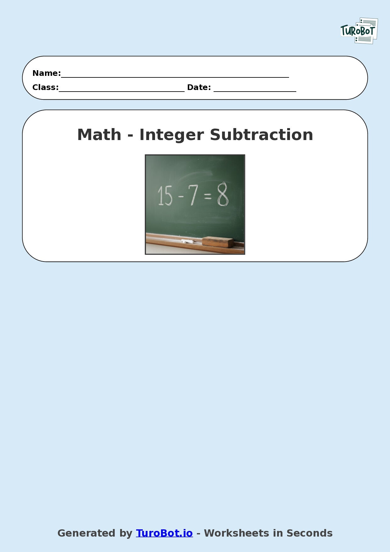 Year 9 Math Worksheet – Integer Subtraction 2