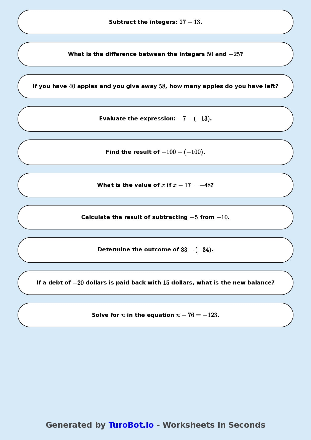 Year 9 Math Worksheet – Integer Subtraction 2