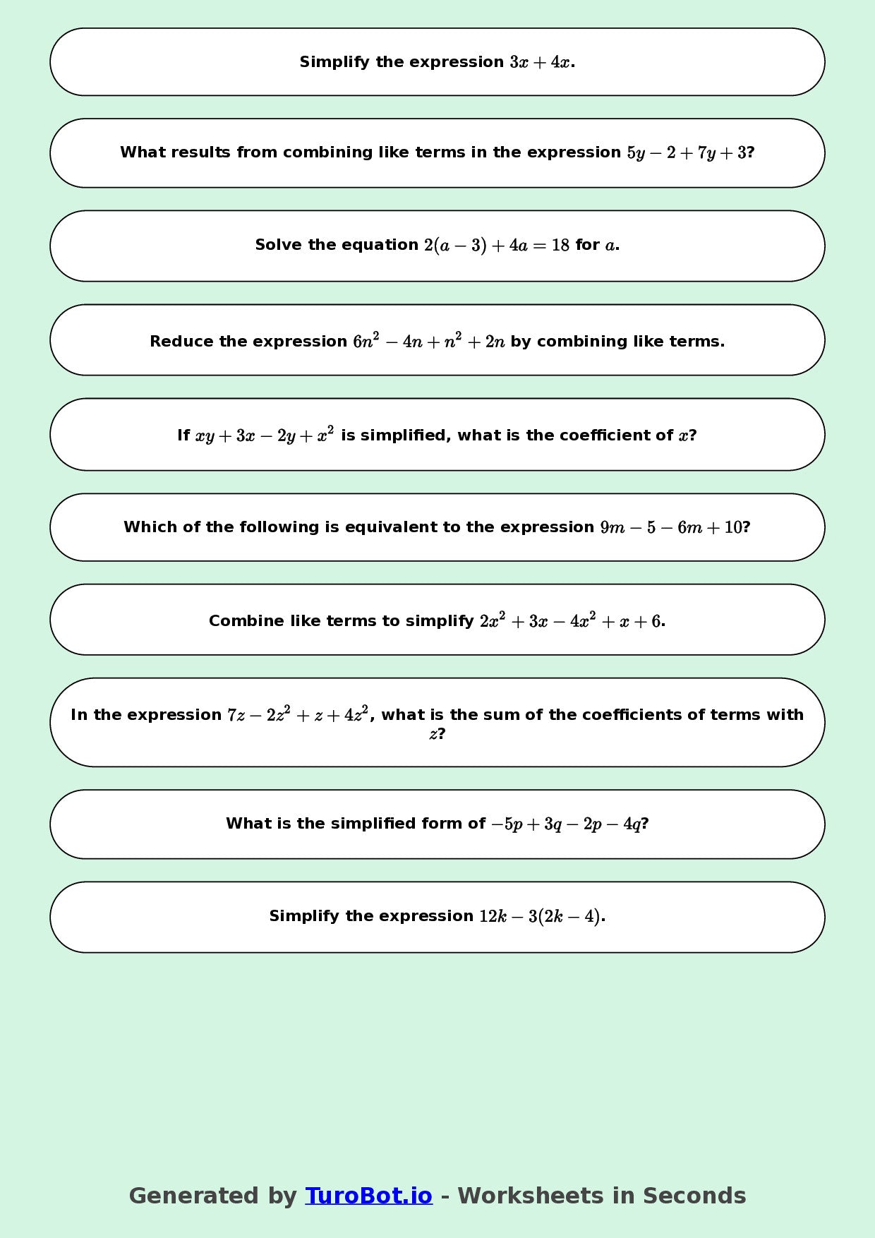 Year 9 Math Worksheet – Like Terms Practice 2