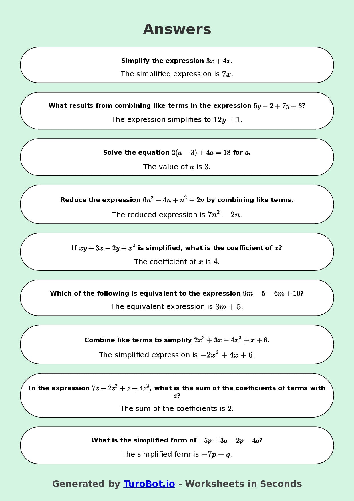 Year 9 Math Worksheet – Like Terms Practice 2
