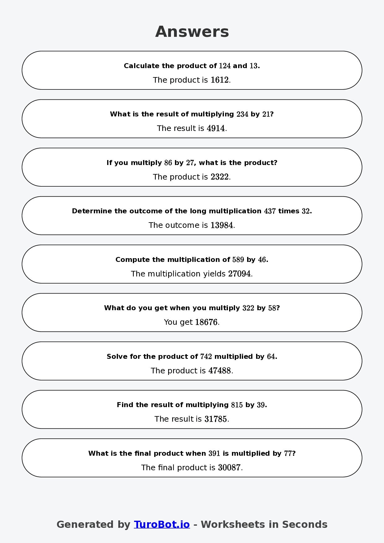 Year 9 Math Worksheet – Long Multiplication