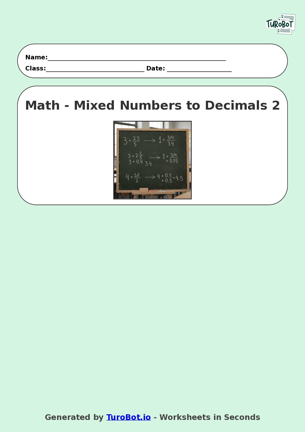 Year 9 Math Worksheet – Mixed Numbers to Decimals 2