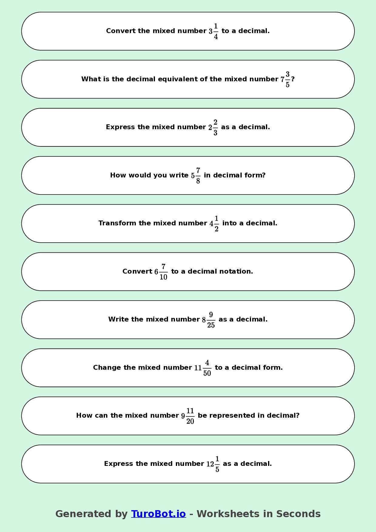 Year 9 Math Worksheet – Mixed Numbers to Decimals 2