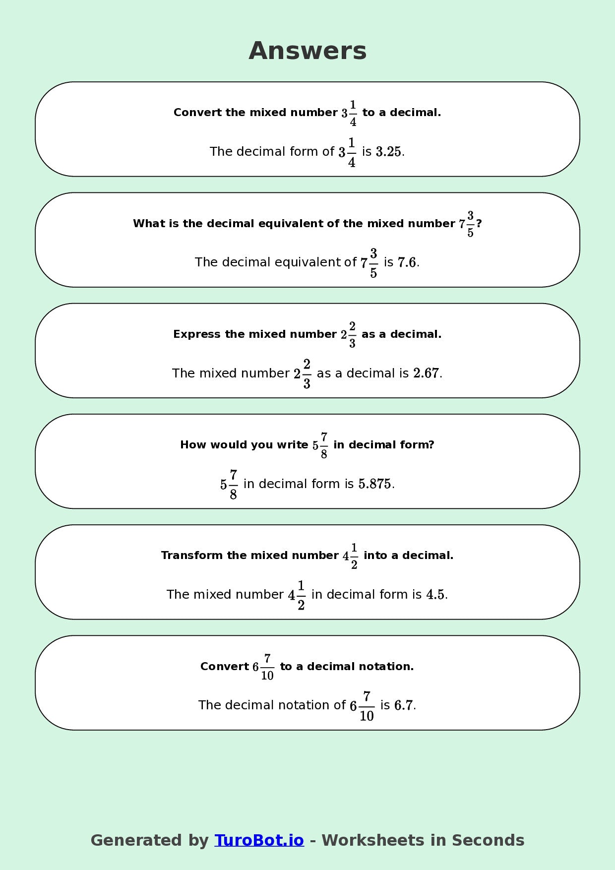 Year 9 Math Worksheet – Mixed Numbers to Decimals 2