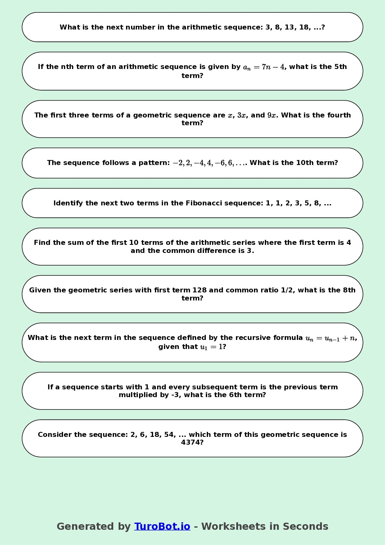 Year 9 Math Multiple Choice Worksheet – Number Patterns and Sequences 2