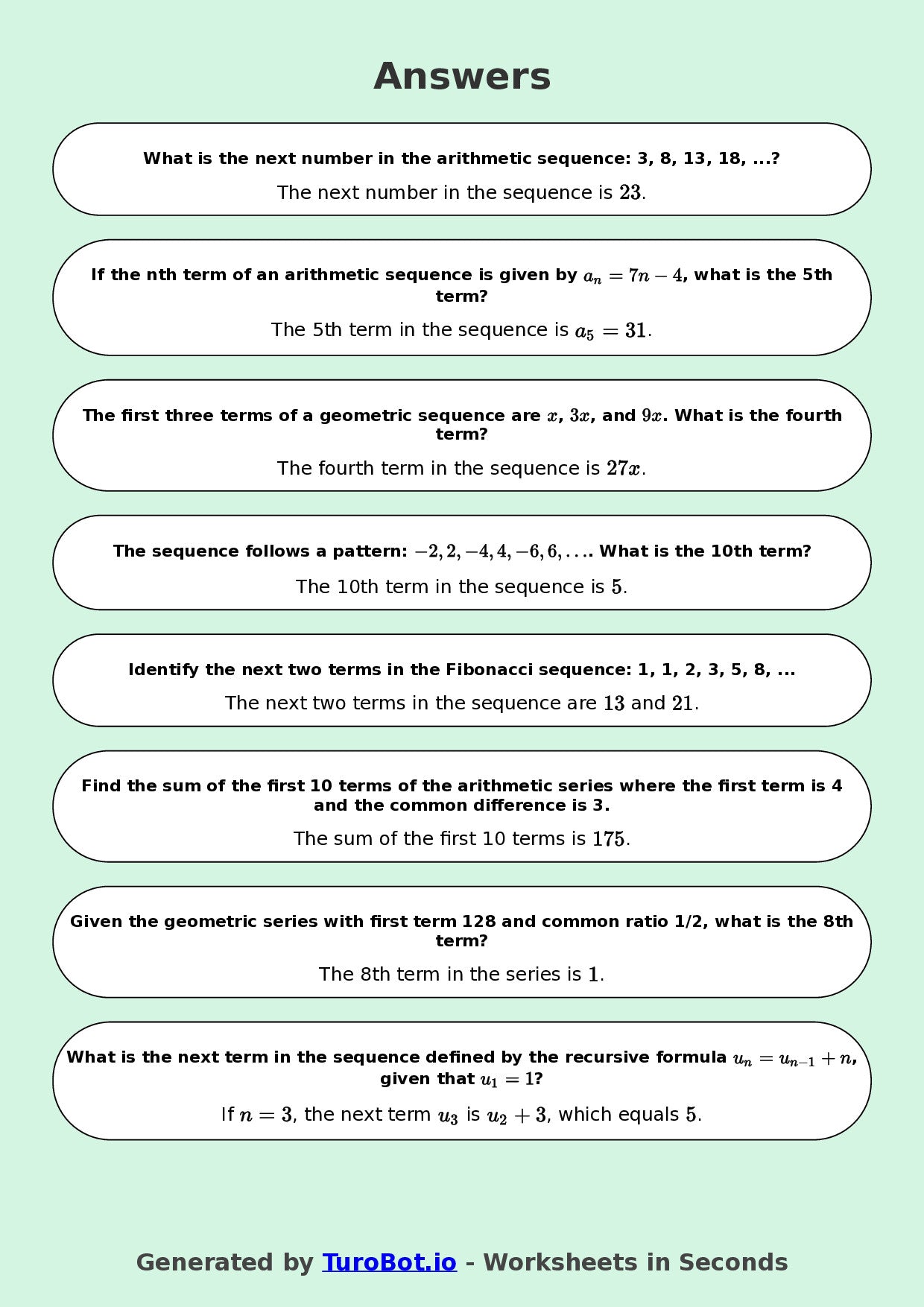 Year 9 Math Multiple Choice Worksheet – Number Patterns and Sequences 2