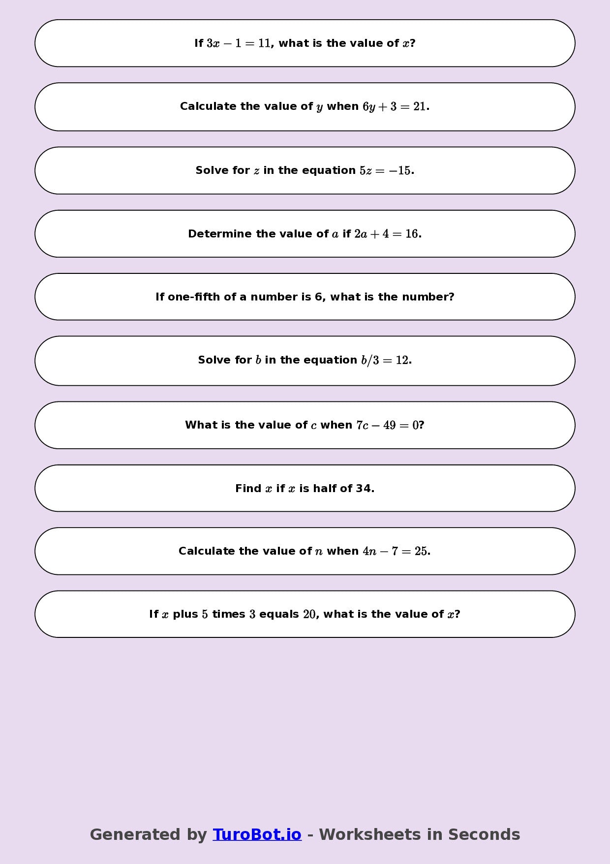 Year 9 Math Worksheet – One-Step Equations