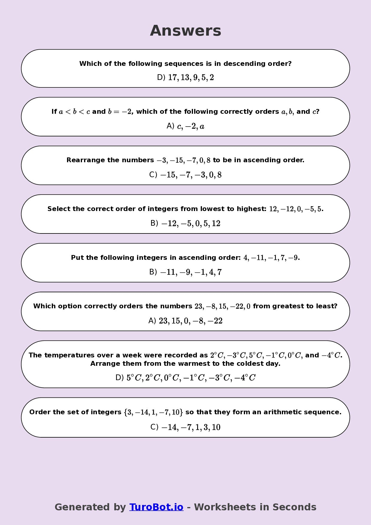 Year 9 Math Worksheet – Ordering Integers