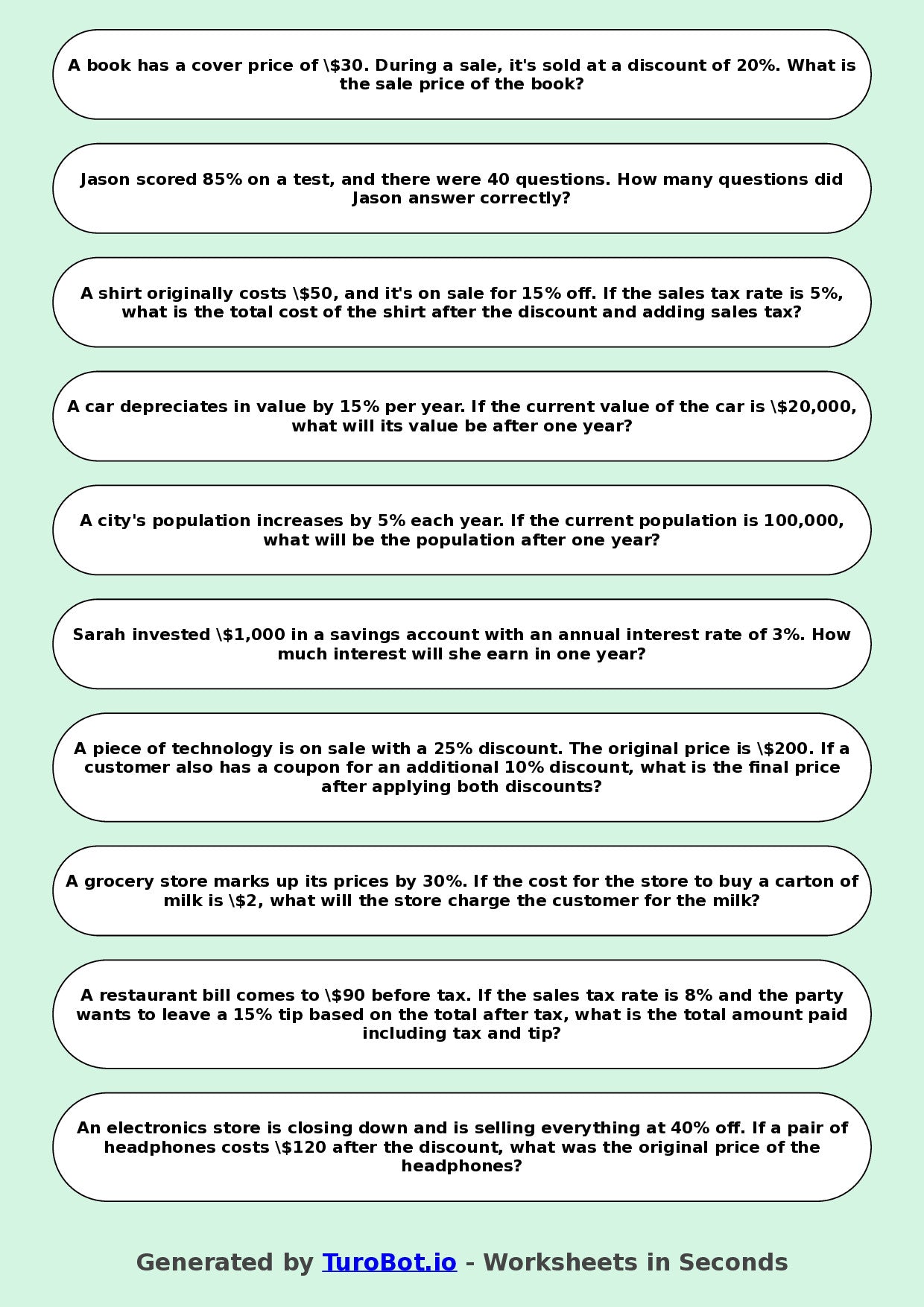 Year 9 Math Worksheet – Percent Word Problems