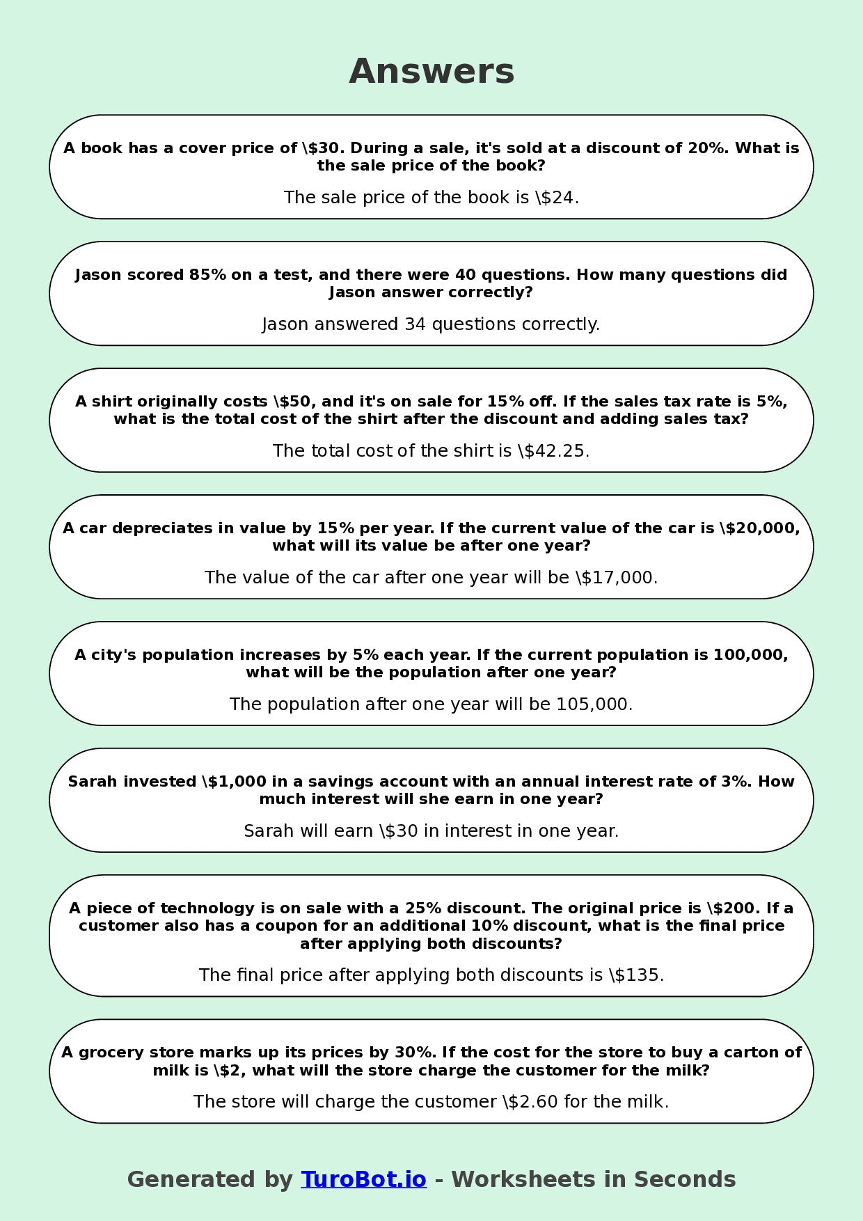 Year 9 Math Worksheet – Percent Word Problems