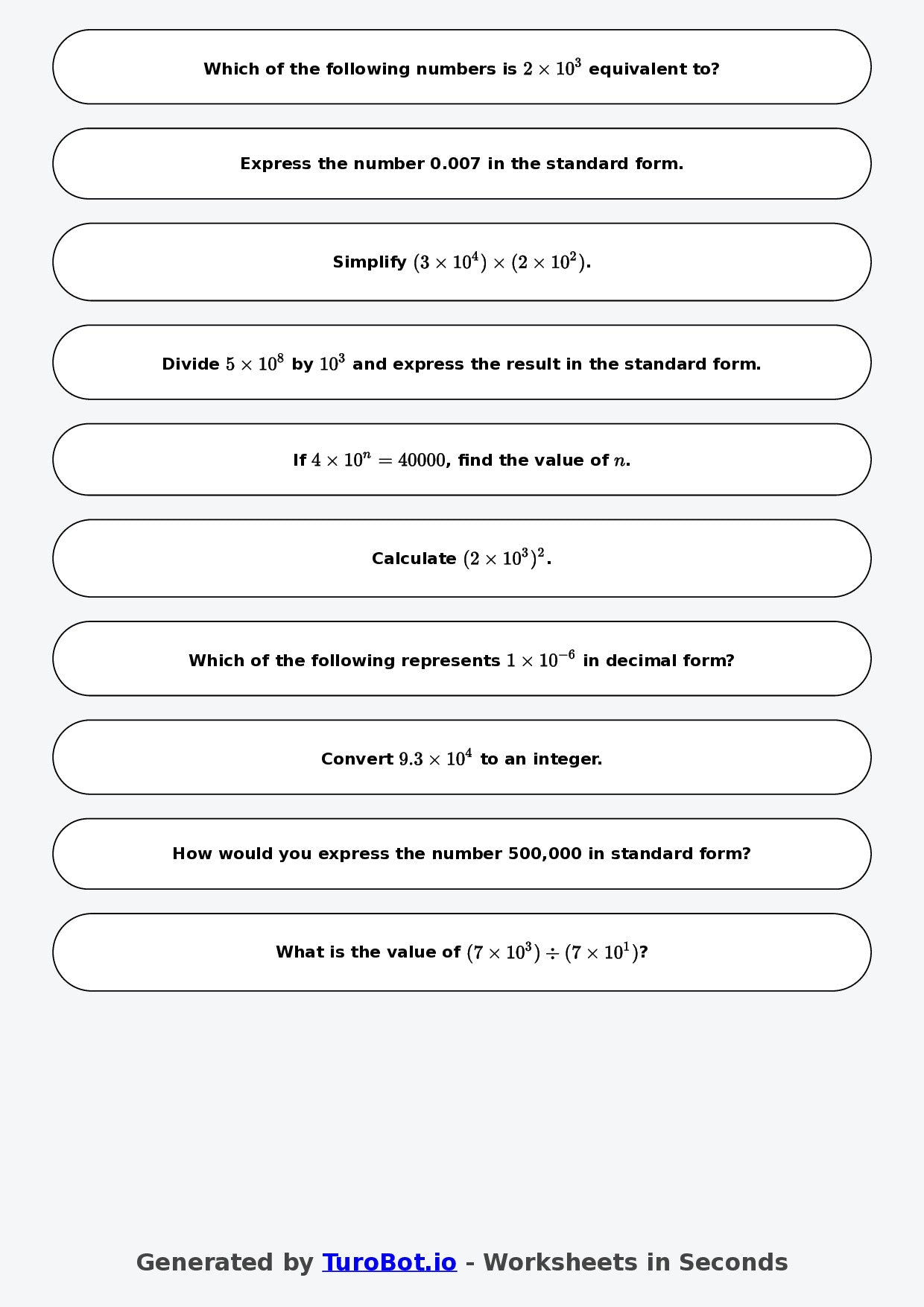 Year 9 Math Multiple Choice Worksheet – Powers of 10 and Standard Form
