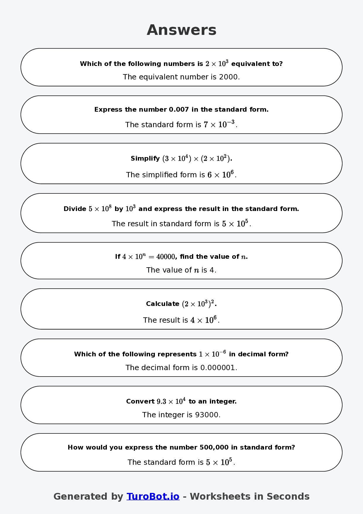 Year 9 Math Multiple Choice Worksheet – Powers of 10 and Standard Form
