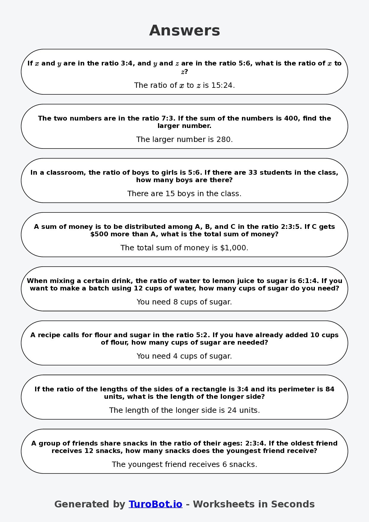 Year 9 Math  Worksheet – Ratios and Fractions Links