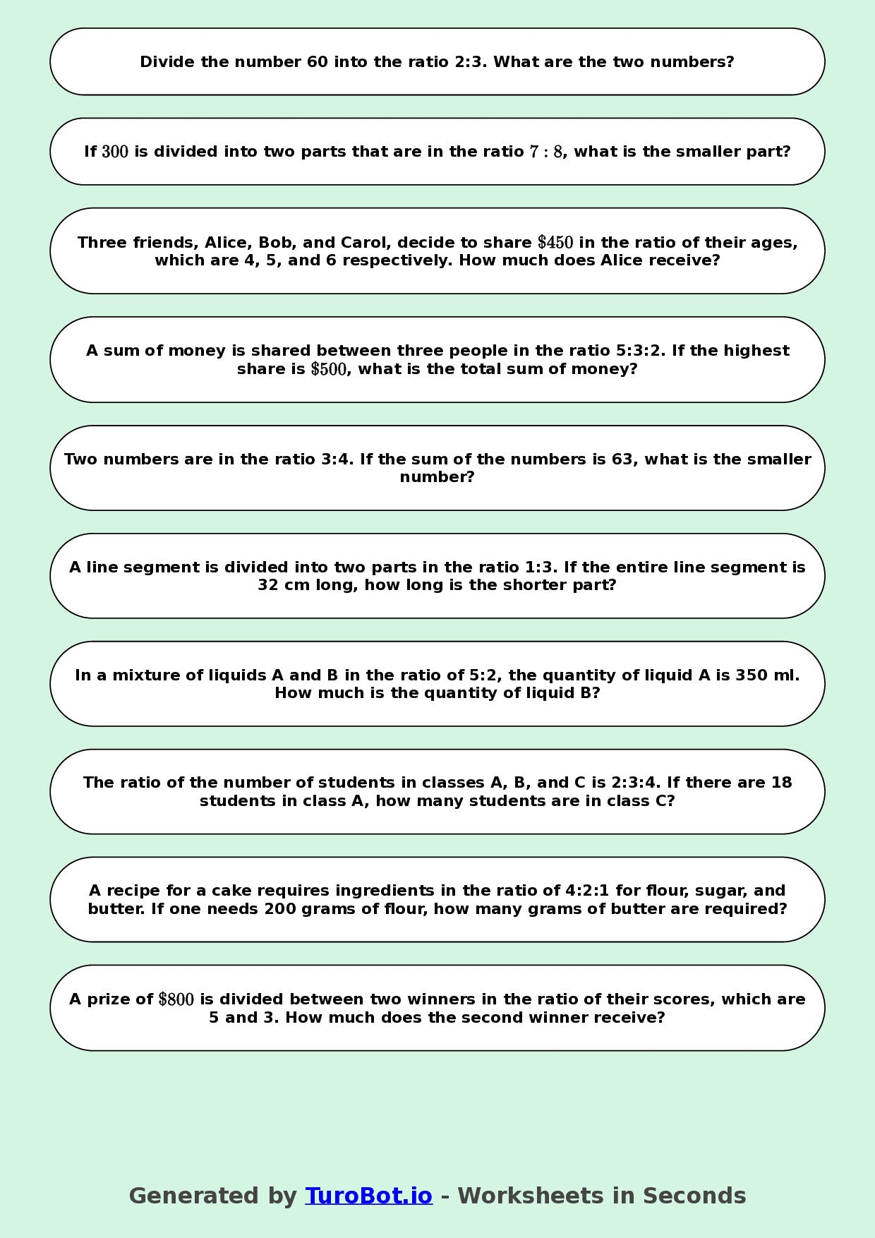Year 9 Math Worksheet – Sharing in a Ratio