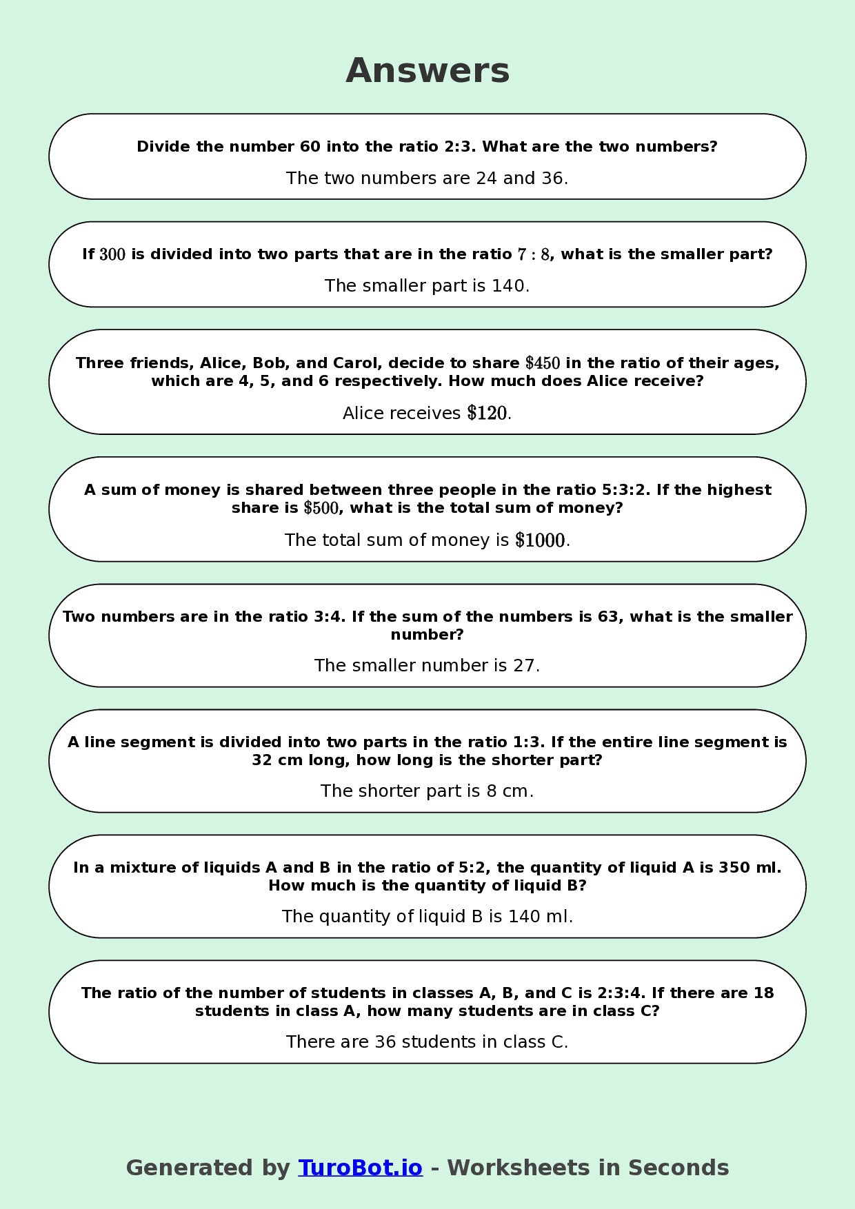 Year 9 Math Worksheet – Sharing in a Ratio