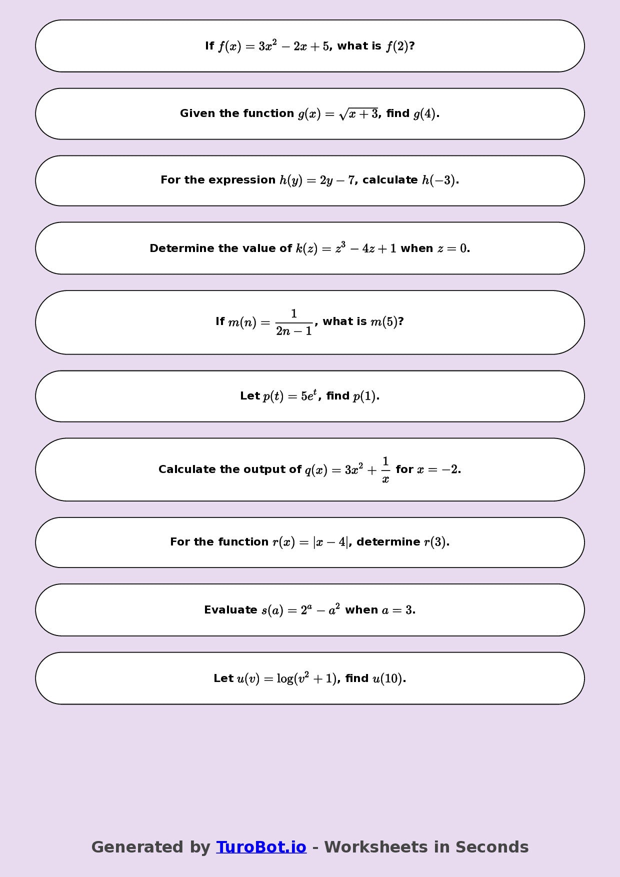 Year 9 Math Multiple Choice Worksheet – Substitution into Expressions