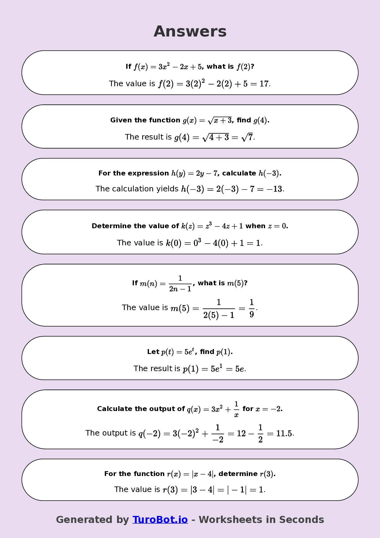Year 9 Math Multiple Choice Worksheet – Substitution into Expressions