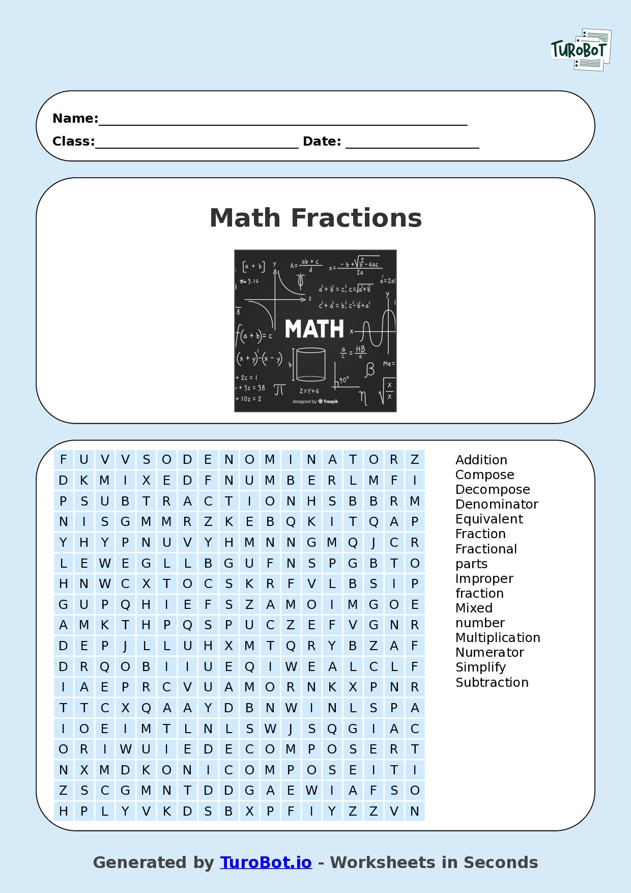 Math - Year 4 - Find a Word - Fractions Vocabulary – Free Find a Word Worksheet