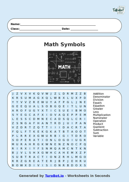 Math - Year 5 - Find a Word - Math Symbols – Free Find a Word Worksheet