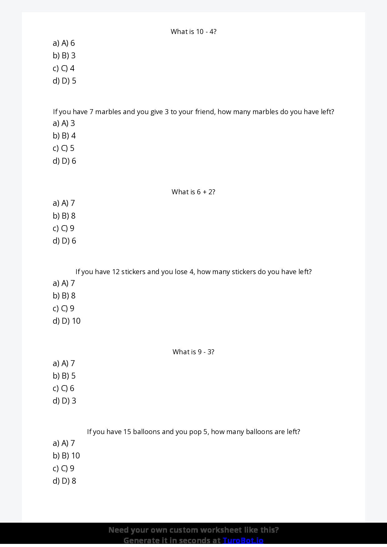Free Worksheet - Year 2 Mathematics Addition and Subtraction Multiple Choice