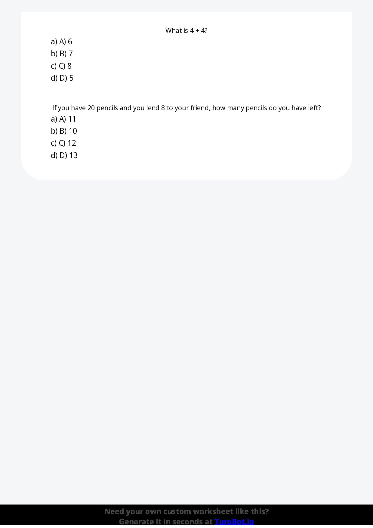 Free Worksheet - Year 2 Mathematics Addition and Subtraction Multiple Choice