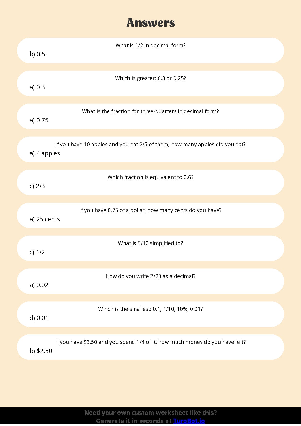 Free Worksheet - Year 4 Mathematics Fractions and Decimals Multiple Choice