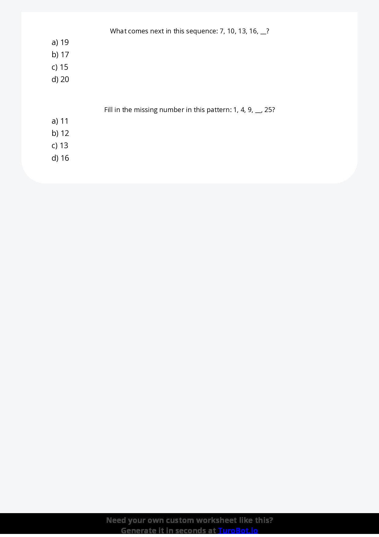 Free Worksheet - Year 4 Mathematics Patterns and Algebra Multiple Choice