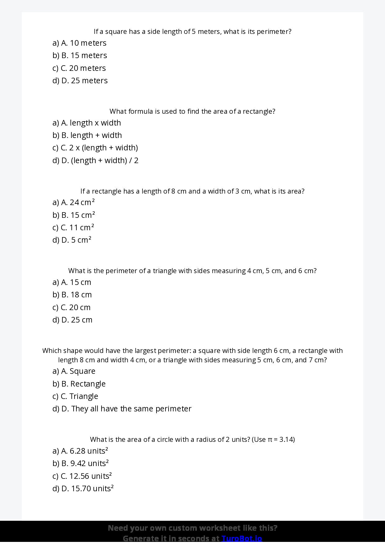 Free Worksheet - Year 5 Mathematics Area and Perimeter Multiple Choice