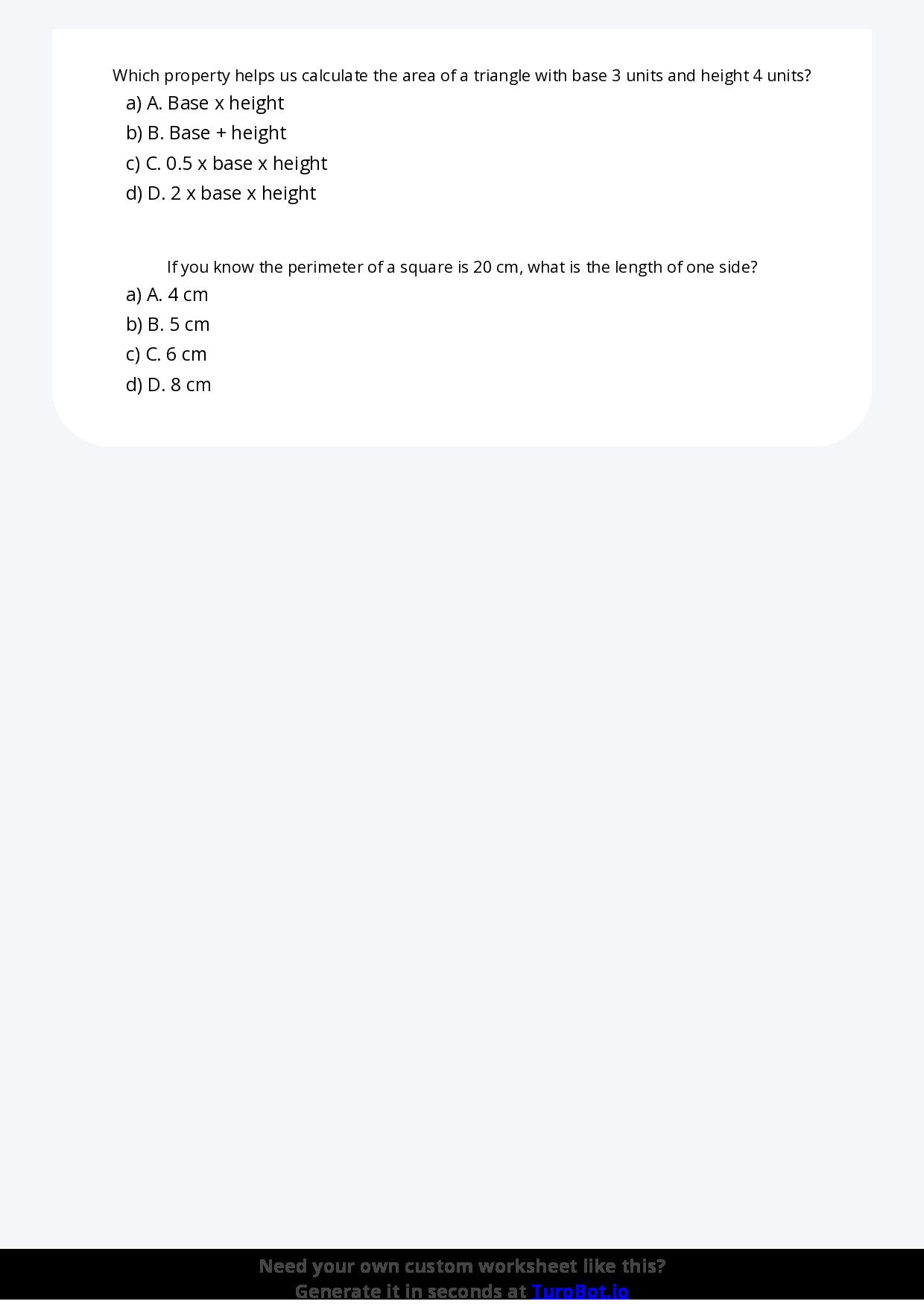 Free Worksheet - Year 5 Mathematics Area and Perimeter Multiple Choice
