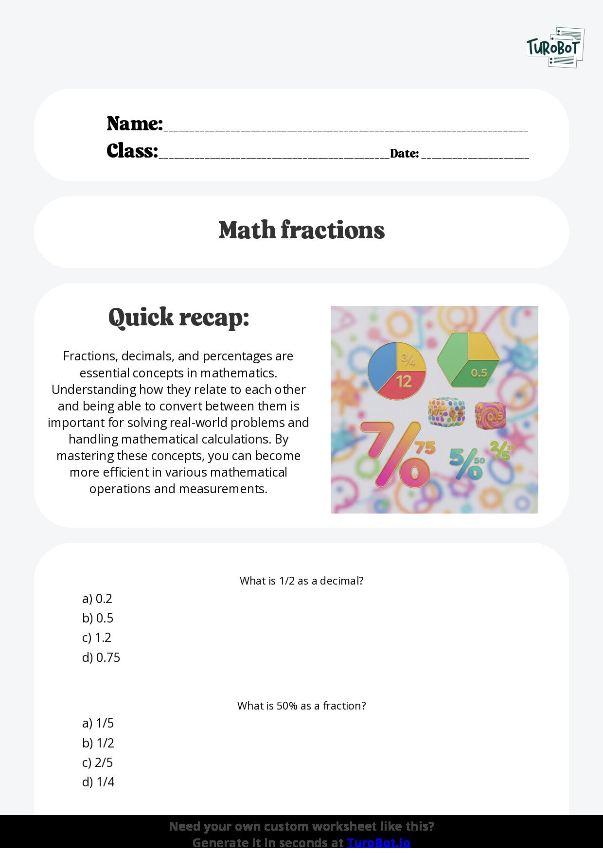 Free Worksheet - Year 5 Mathematics Fractions Decimals and Percentages Multiple Choice