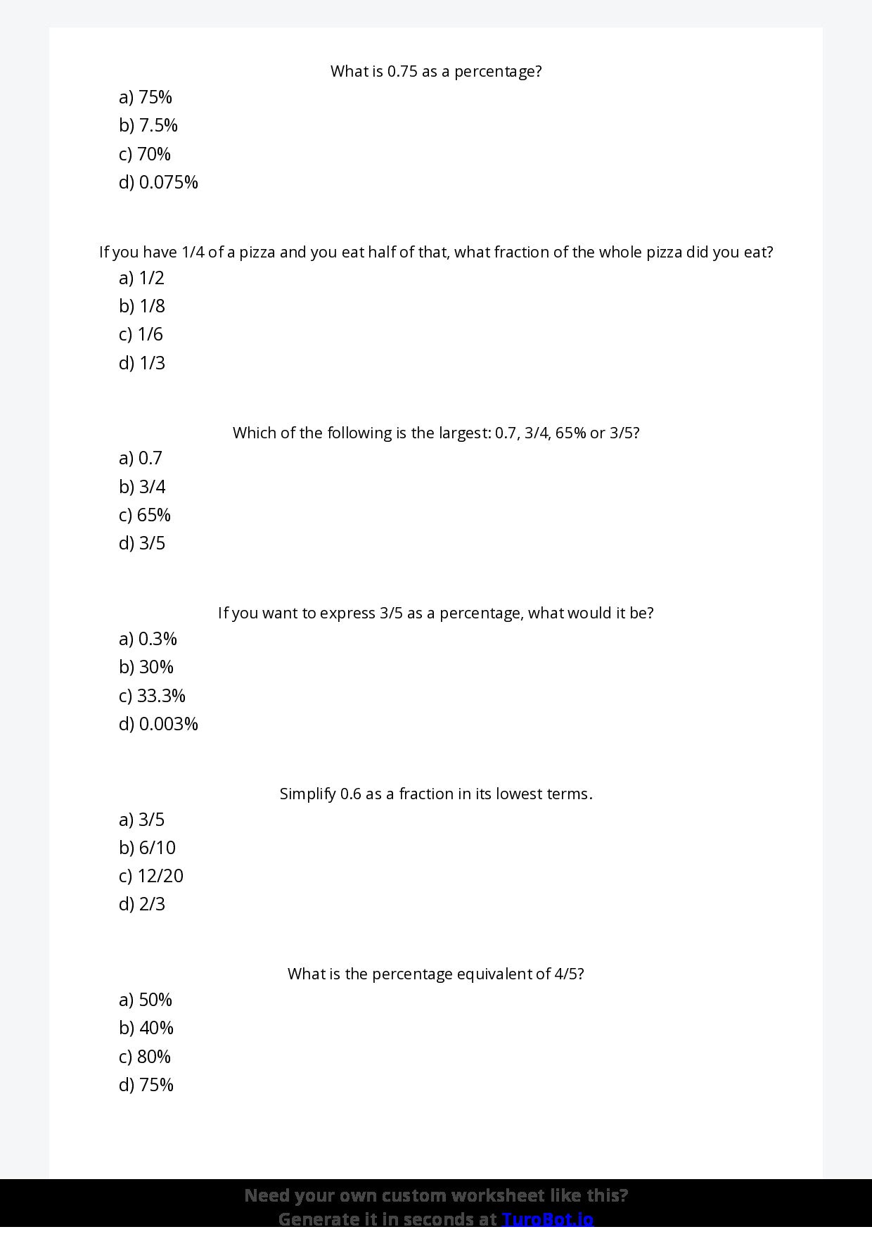Free Worksheet - Year 5 Mathematics Fractions Decimals and Percentages Multiple Choice