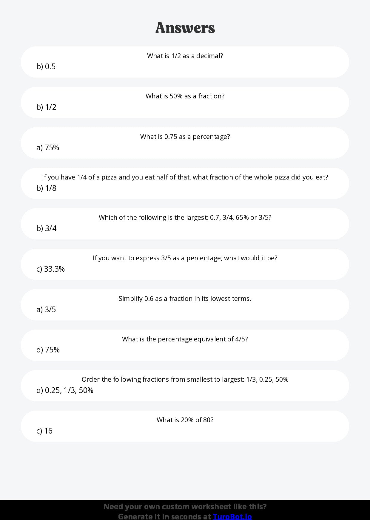 Free Worksheet - Year 5 Mathematics Fractions Decimals and Percentages Multiple Choice