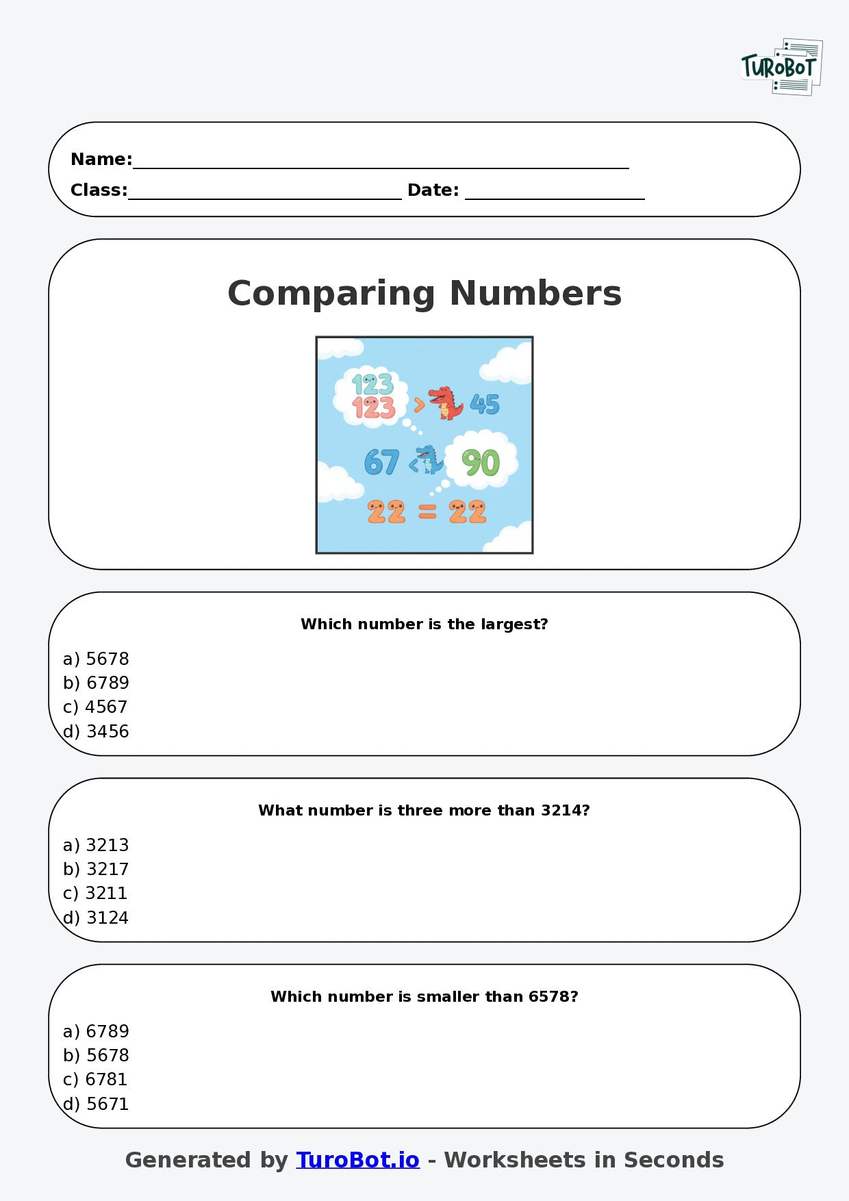 Year 3 Maths Multiple Choice Worksheet – Comparing Numbers up to 10000
