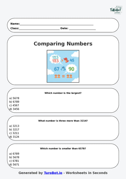 Year 3 Maths Multiple Choice Worksheet – Comparing Numbers up to 10000