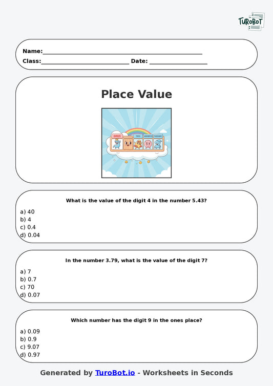Year 3 Maths Multiple Choice Worksheet – Place Value with Decimals