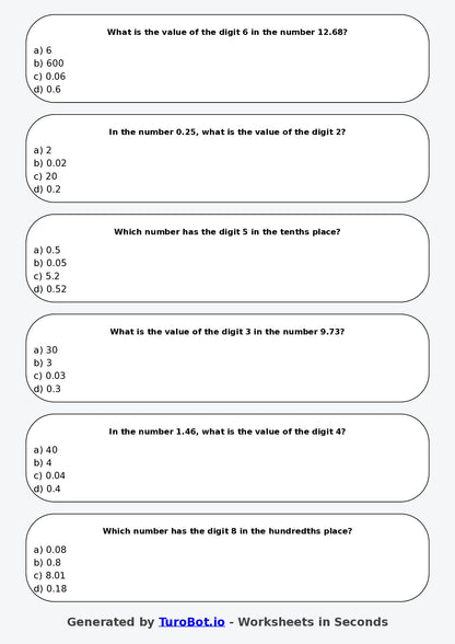 Year 3 Maths Multiple Choice Worksheet – Place Value with Decimals