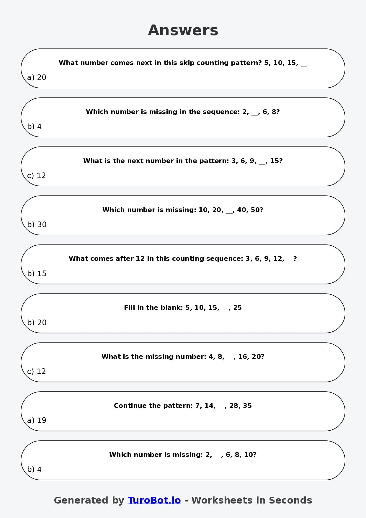Year 3 Maths Multiple Choice Worksheet – Skip Counting Patterns