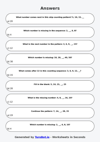 Year 3 Maths Multiple Choice Worksheet – Skip Counting Patterns