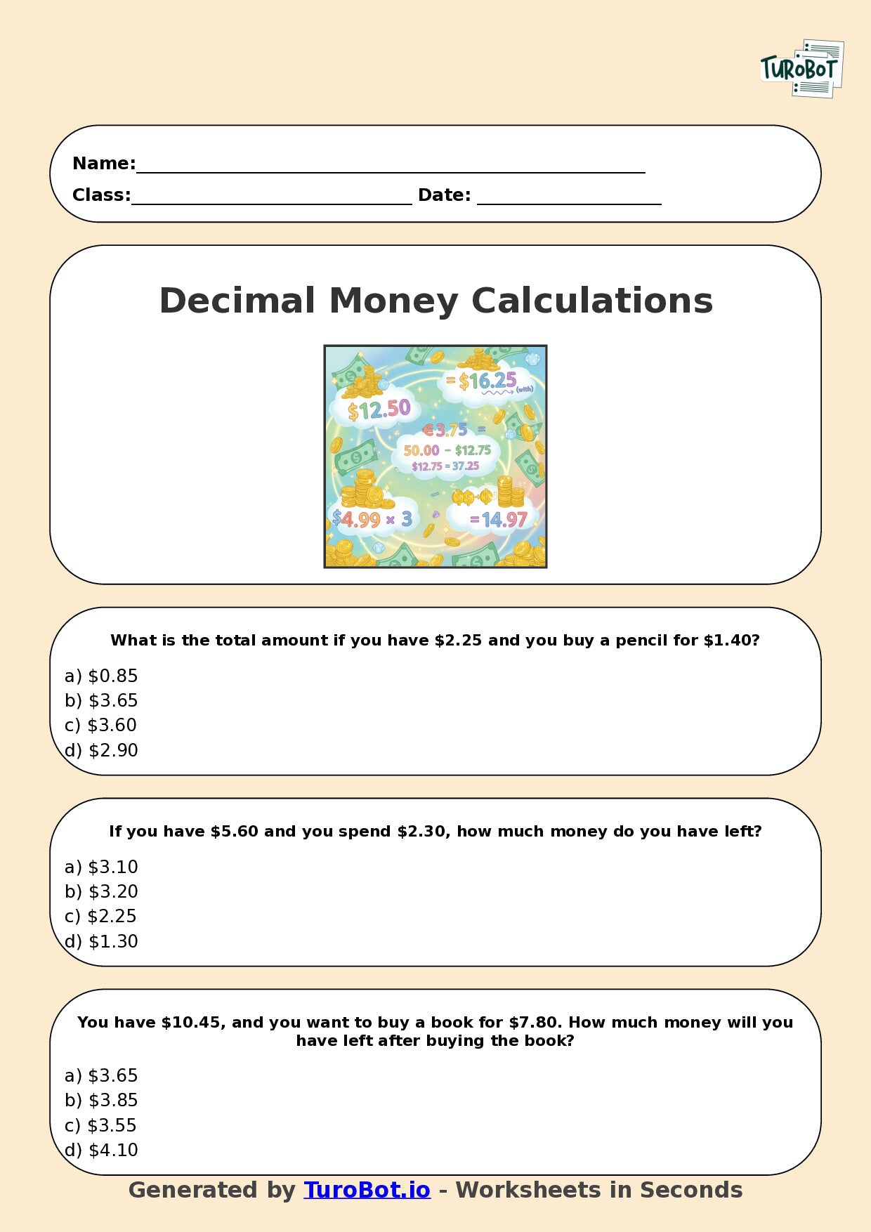 Year 4 Maths Multiple Choice Worksheet – Decimal Money Calculations
