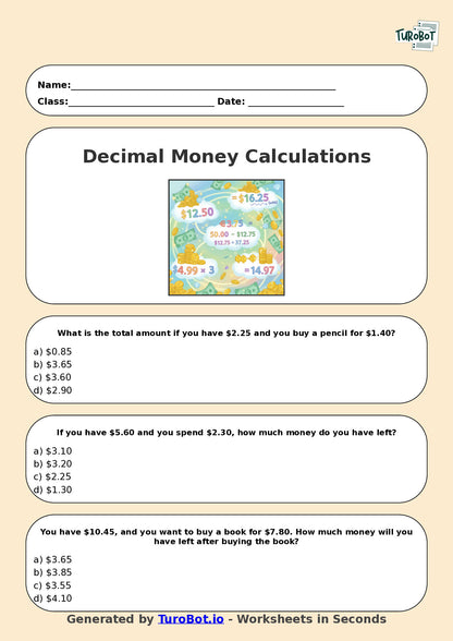 Year 4 Maths Multiple Choice Worksheet – Decimal Money Calculations