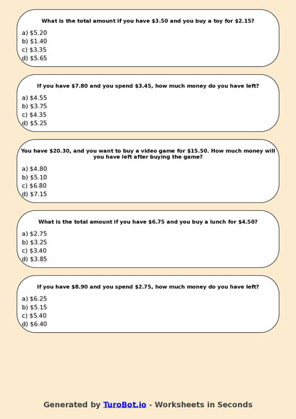 Year 4 Maths Multiple Choice Worksheet – Decimal Money Calculations